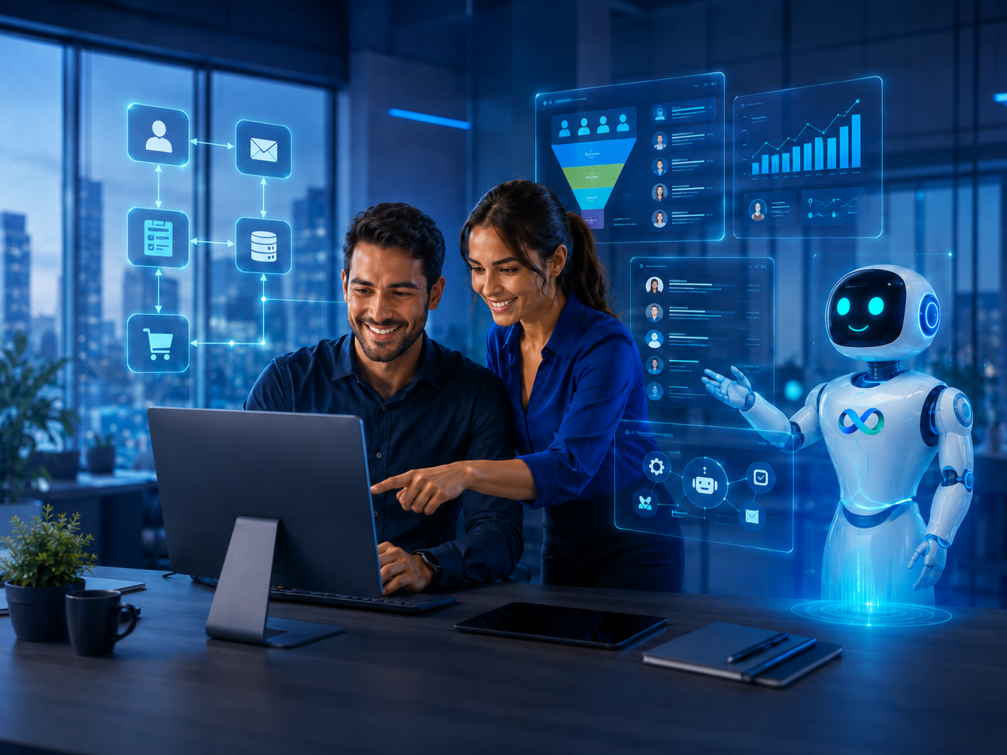 Profissionais trabalhando com inteligência artificial e assistente robô em escritório moderno
